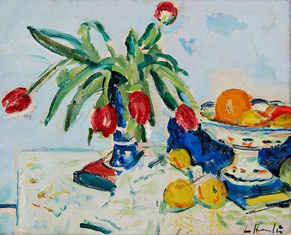 A Still Life of Tulips and Fruit By George Leslie Hunter