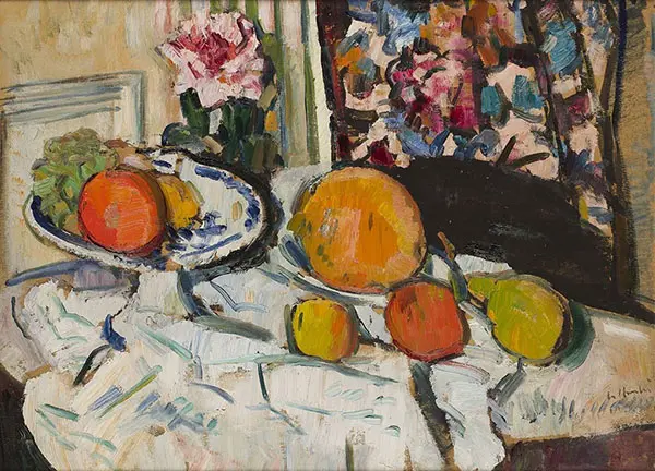 A Still Life with Fruit and Flowers on a White Cloth By George Leslie Hunter