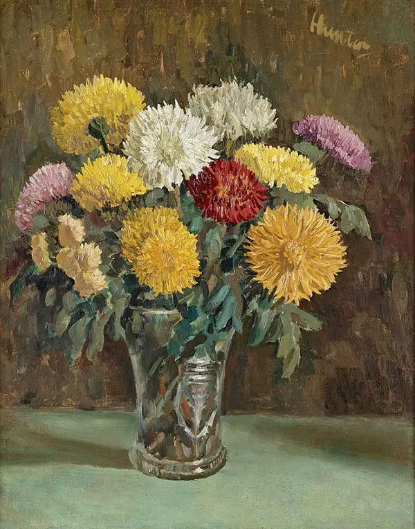 Chrysanthemums in a Cut Glass Vase By George Leslie Hunter