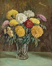 Chrysanthemums in a Cut Glass Vase By Leslie Hunter