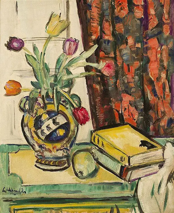 Still Life Books and a Pear and Tulips in a Vase By George Leslie Hunter