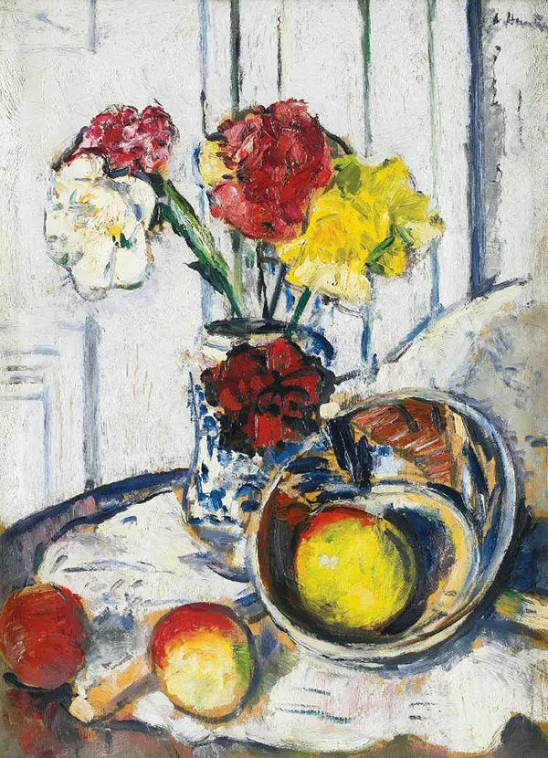 Still Life of Apples and Flowers in a Blue Vase By George Leslie Hunter