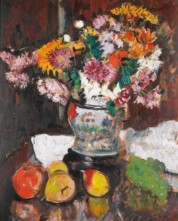 Still Life of Chrysanthemums in a Chinese Vase By George Leslie Hunter