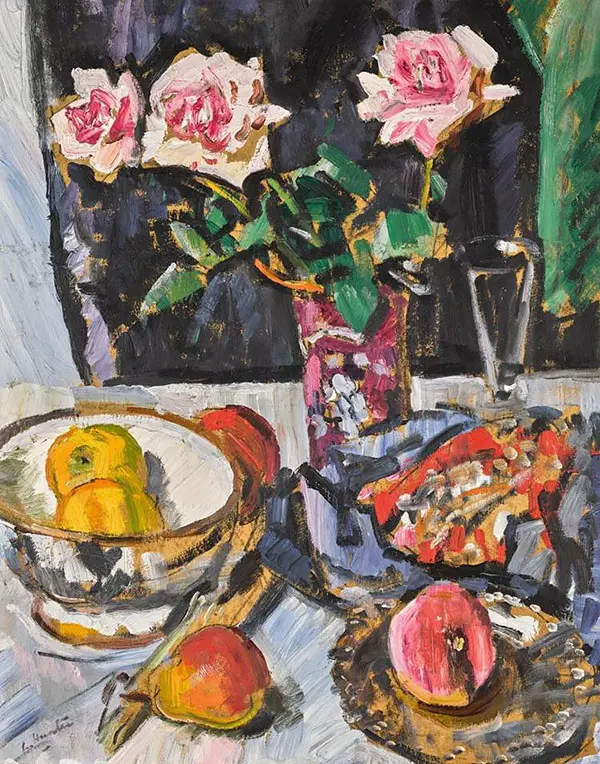 Still Life of Pink Roses with Fruit and a Glass By George Leslie Hunter