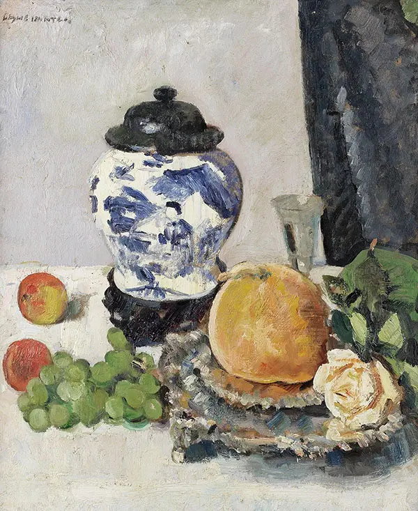 Still Life with Chinese Vase Fruit and Silver Salver By George Leslie Hunter