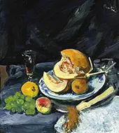 Still Life with Cut Melon Glass and Fan By Leslie Hunter