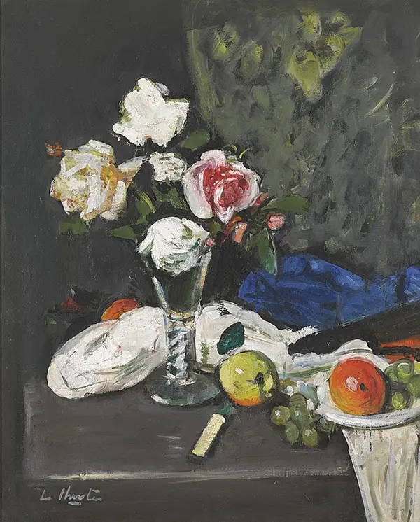 Still Life with Fruit and Roses in a Wine Glass By George Leslie Hunter