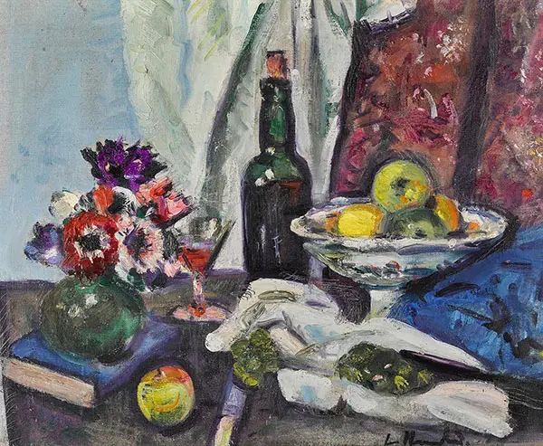 Still Life with Fruit Anemones and Bottle By George Leslie Hunter