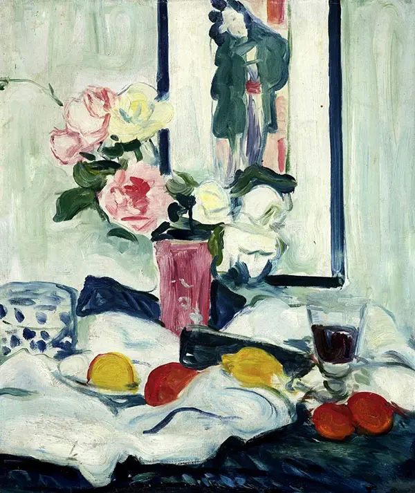 Still Life with Roses and Japanese Print By George Leslie Hunter