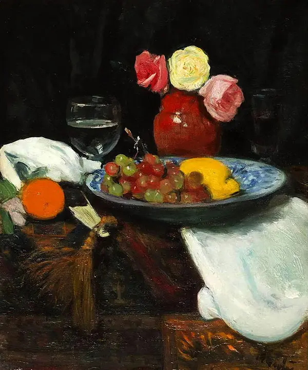 Still Life with Roses Fruit and Wine Glasses By George Leslie Hunter