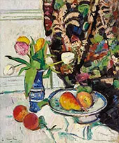 Still Life with Tulips and Fruit By Leslie Hunter