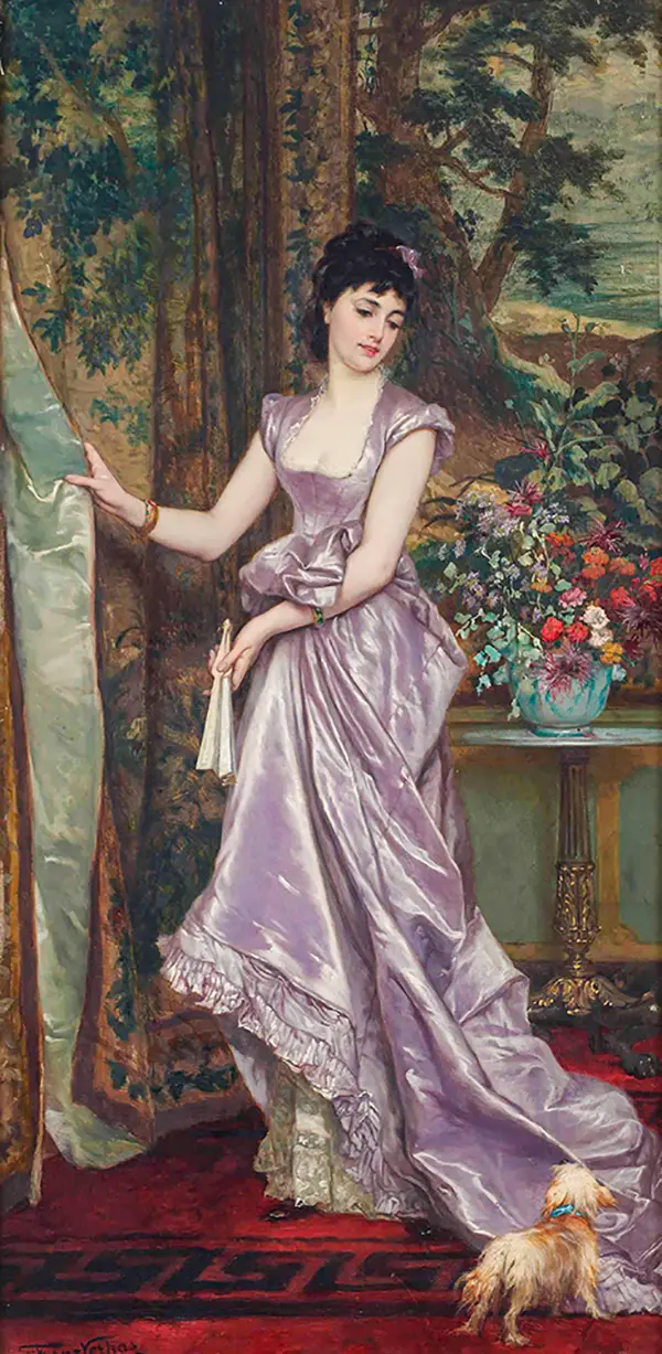 Elegant Woman and Her Dog in a Living Room with Tapestries By Frans Verhas