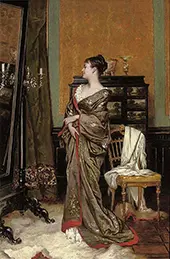 Young Woman in a Kimono Watching Herself in a Mirror By Frans Verhas