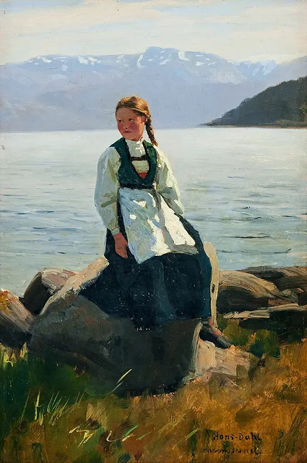 A Girl in a Norwegian Fjord Landscape By Hans Dahl