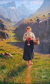 A Girl Knitting in a Norwegian Landscape By Hans Dahl