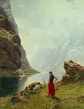 A Girl with Goats by a Fjord By Hans Dahl