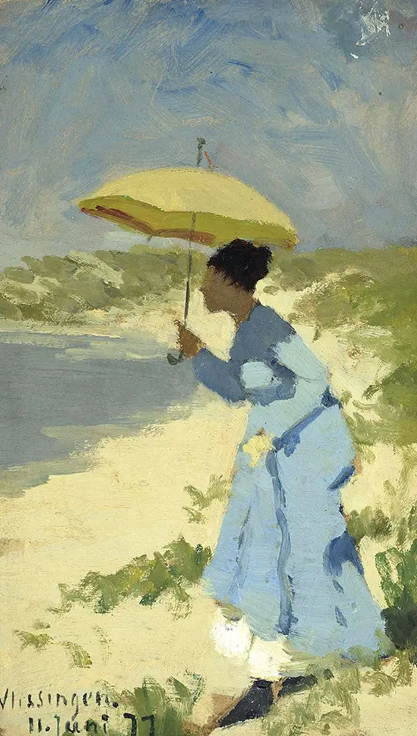 A Lady on the Beach under a Parasol By Hans Dahl
