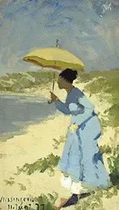 A Lady on the Beach under a Parasol By Hans Dahl