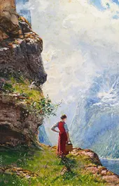 A Young Girl by a Fjord By Hans Dahl