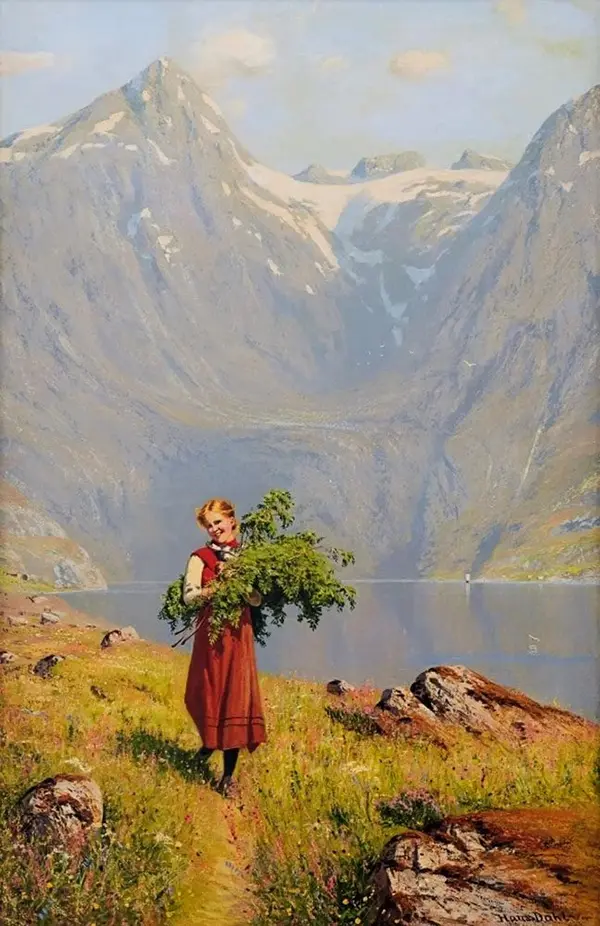 A Young Woman in a Norwegian Fjord Landscape By Hans Dahl
