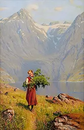 A Young Woman in a Norwegian Fjord Landscape By Hans Dahl