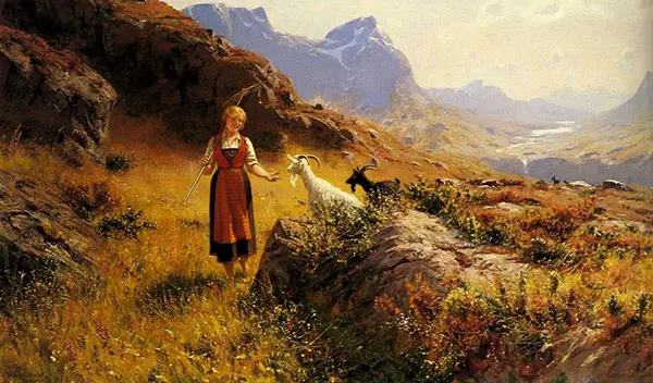Alpine Landscape with a Shepherdess and Goats By Hans Dahl