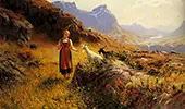 Alpine Landscape with a Shepherdess and Goats By Hans Dahl