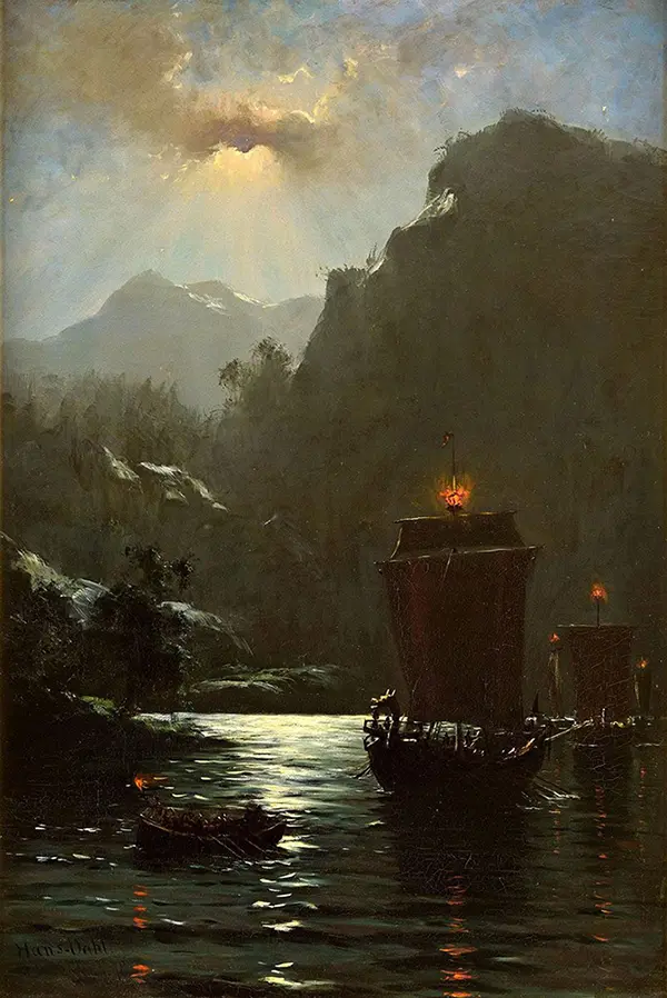 Fjord at Full Moon with Viking Ships By Hans Dahl