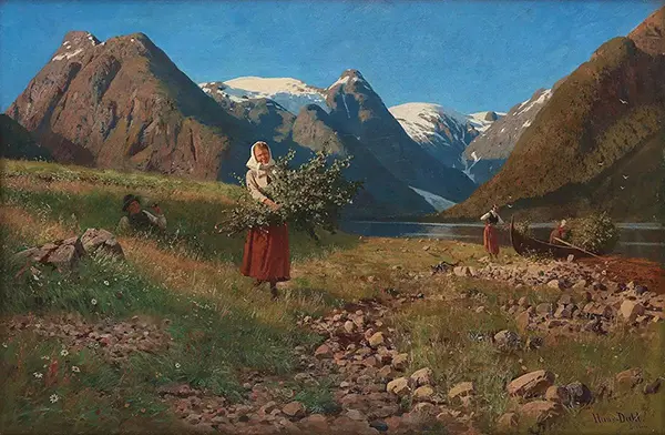 Fjord Landscape with Figures Picking By Hans Dahl