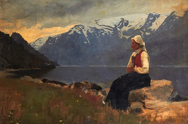 Fjord Landscape with Girl Seated on a Rock By Hans Dahl