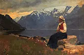 Fjord Landscape with Girl Seated on a Rock By Hans Dahl