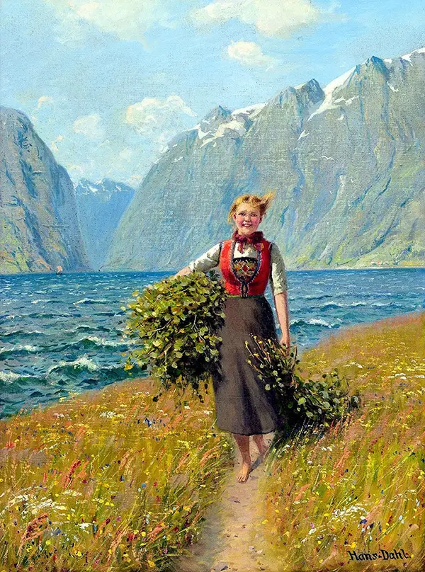 Girl Carrying Leaves By Hans Dahl