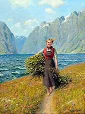 Girl Carrying Leaves By Hans Dahl