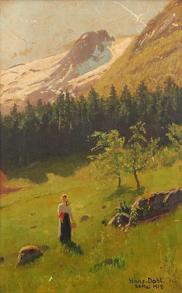 Girl in a Meadow with Snow Capped Mountains By Hans Dahl