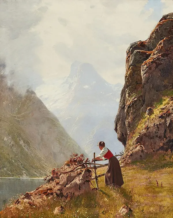 Girl in Norwegian Fjord Landscape By Hans Dahl
