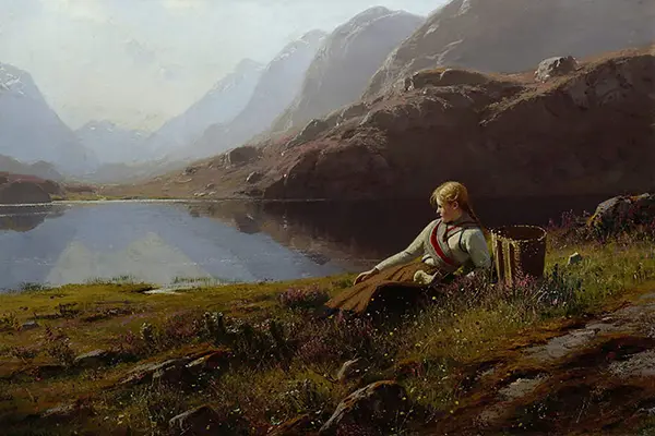 Girl Knitting by the Mountain Lake By Hans Dahl