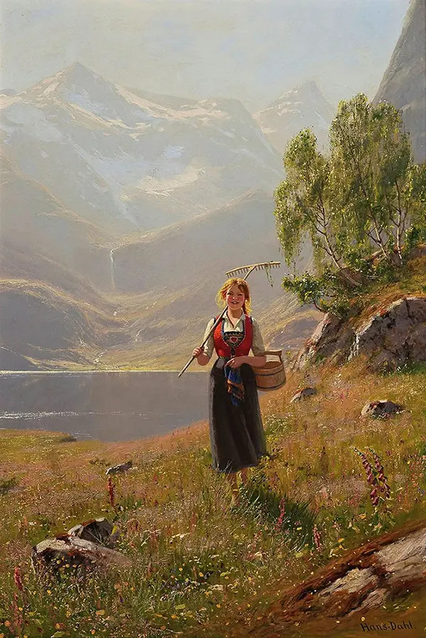 Girl with a Rake in a Fjord Landscape By Hans Dahl