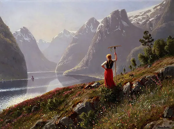 Girl with a Rake in Fjord Landscape By Hans Dahl