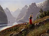 Girl with a Rake in Fjord Landscape By Hans Dahl