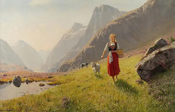 Girl with a Wooden Bucket Leading Goats By Hans Dahl