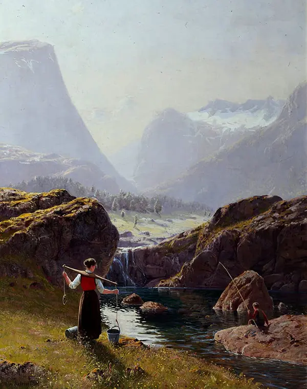 Girl with Buckets of Water and Boy Fishing By Hans Dahl
