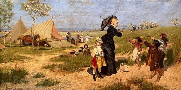 Lady with a Parasol and Girl with a Dog on a Leash at a Space Camp By Hans Dahl