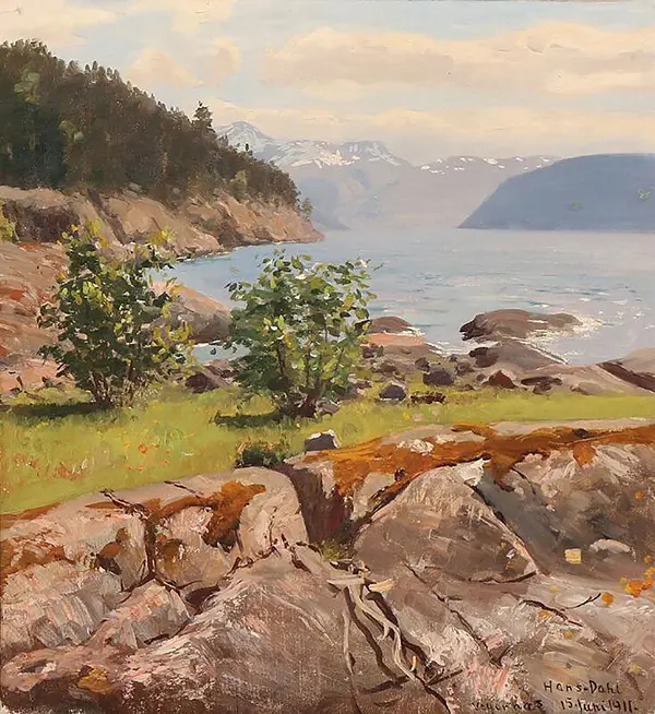 Mountain Scenery Near a Lake By Hans Dahl