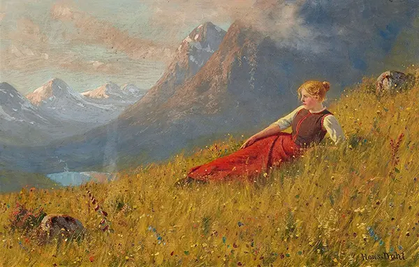 Norwegian Fjord Landscape with a Recumbent Young Lady By Hans Dahl