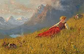 Norwegian Fjord Landscape with a Recumbent Young Lady By Hans Dahl