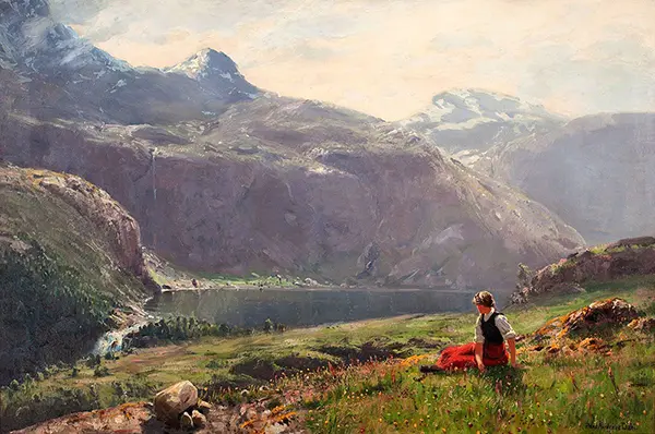 Young Girl in a Fjord Landscape By Hans Dahl
