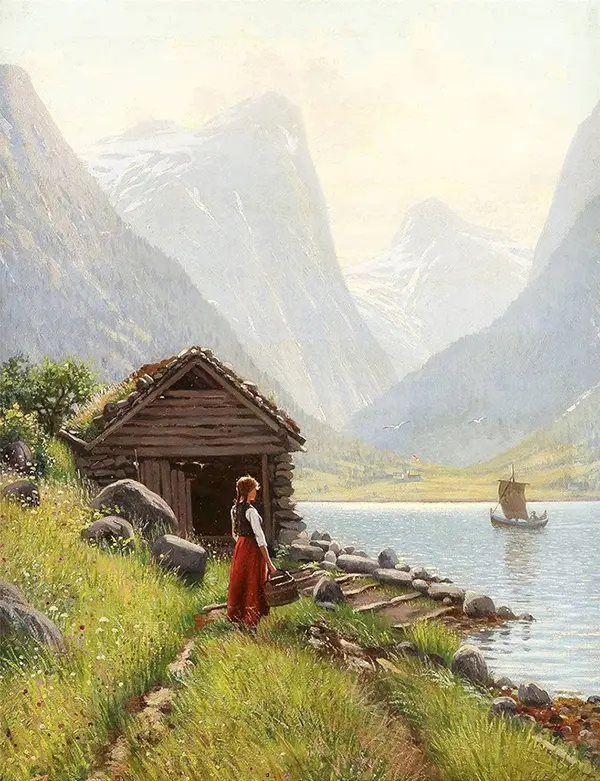 Young Girl in the Shore of a Summer Fjord By Hans Dahl