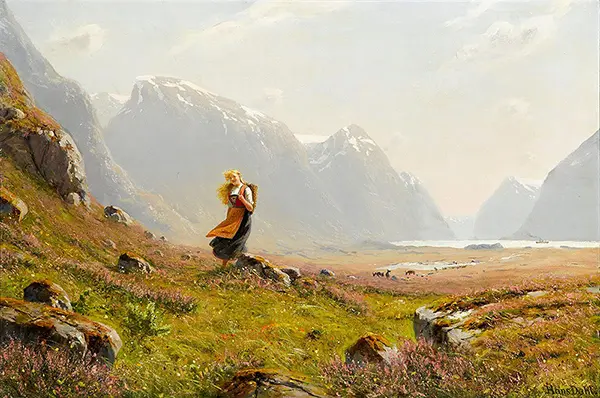 Young Girl on a Summer Alpine Stroll By Hans Dahl