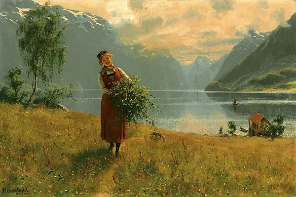 Young Girl with Birch Branches in Front of a Norwegian Fjord By Hans Dahl