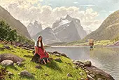 Young Norwegian Woman on the Bank of a Fjord By Hans Dahl
